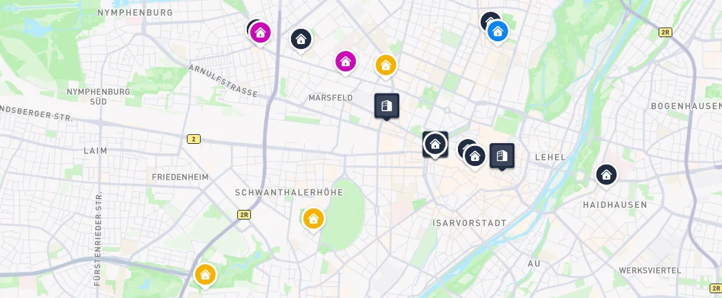 Karte mit Immobilien im Marktgebiet München