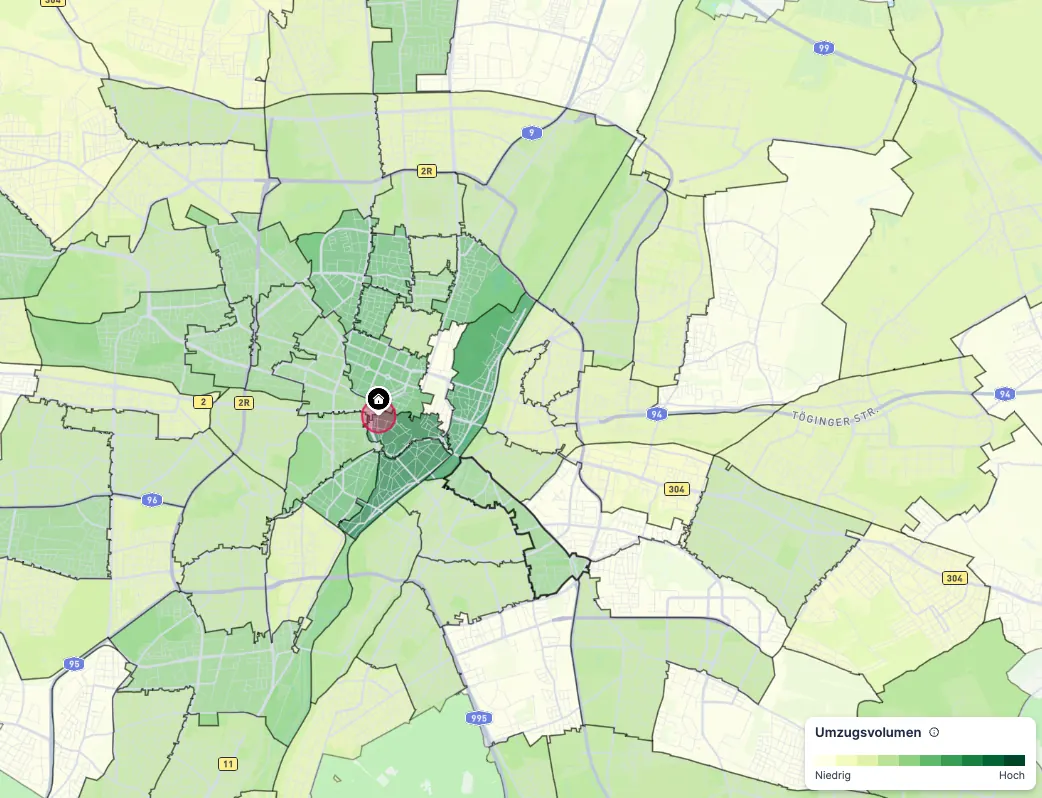 Umzugsverhalten Heatmap – Umzugsvolumen nach Quartier
